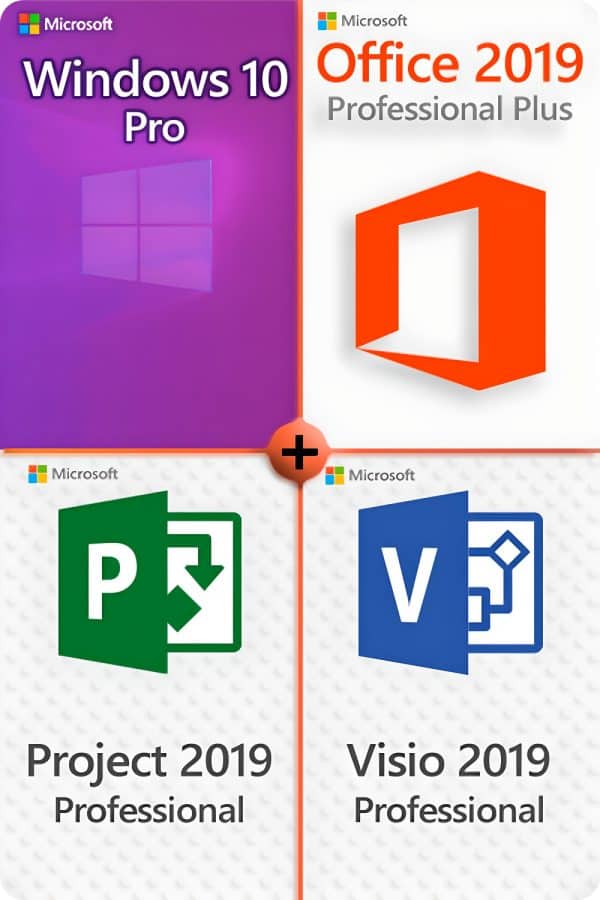 Microsoft Windows 10 Professional + Microsoft Visio 2019 Professional + Microsoft Project 2019 Professional + Microsoft Office 2019 Professional Plus License for 3 devices