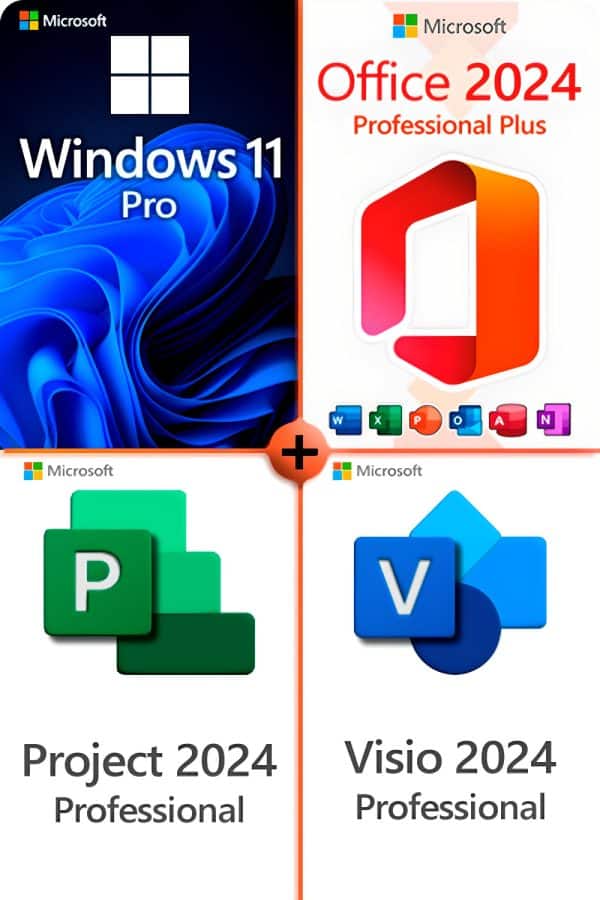 Microsoft Windows 11 Professional + Project 2024 Professional + Office 2024 Professional + Visio 2024 Professional License for 3 devices
